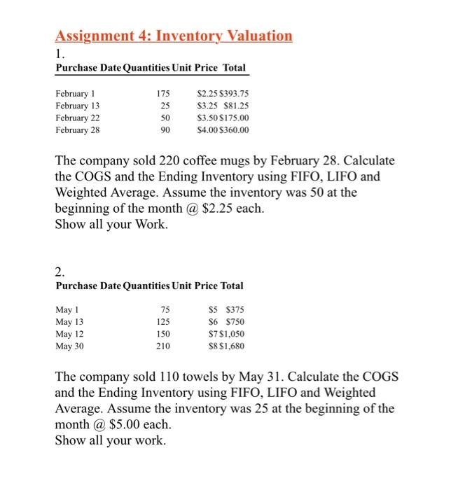 Solved Assignment 4: Inventory Valuation 1. Purchase Date | Chegg.com