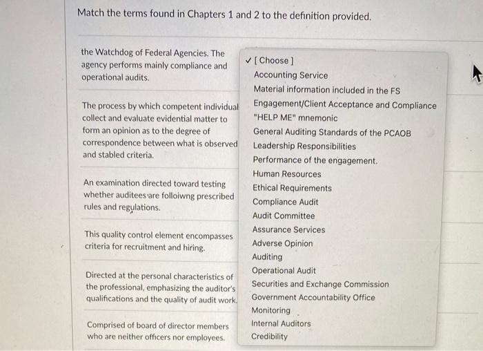 Solved Match the terms found in Chapters 1 and 2 to the | Chegg.com