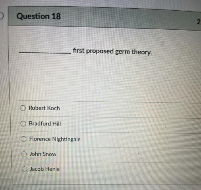 Question 18 2. first proposed germ theory. Robert Koch Bradford Hill Florence Nightingale O John Snow Jacob Henle