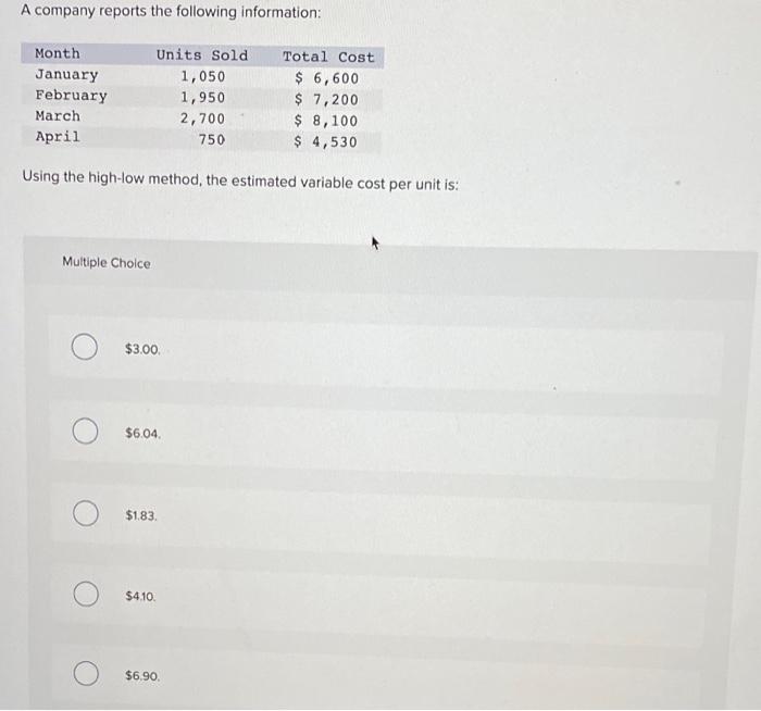 Solved A company reports the following information Month