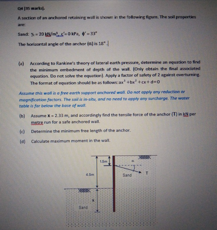 Solved Q4 135 marts. A section of an anchored retaining wall | Chegg.com