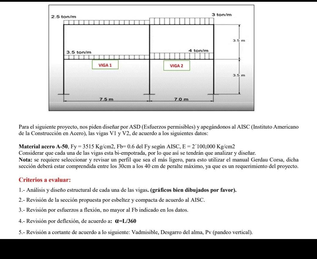 Para el siguiente proyecto, nos piden diseñar por ASD (Esfuerzos permisibles) y apegándonos al AISC (Instituto Americano de l