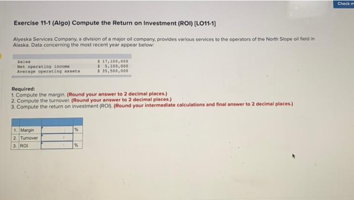 Solved Check Exercise 11-1 (Algo) Compute The Return On | Chegg.com