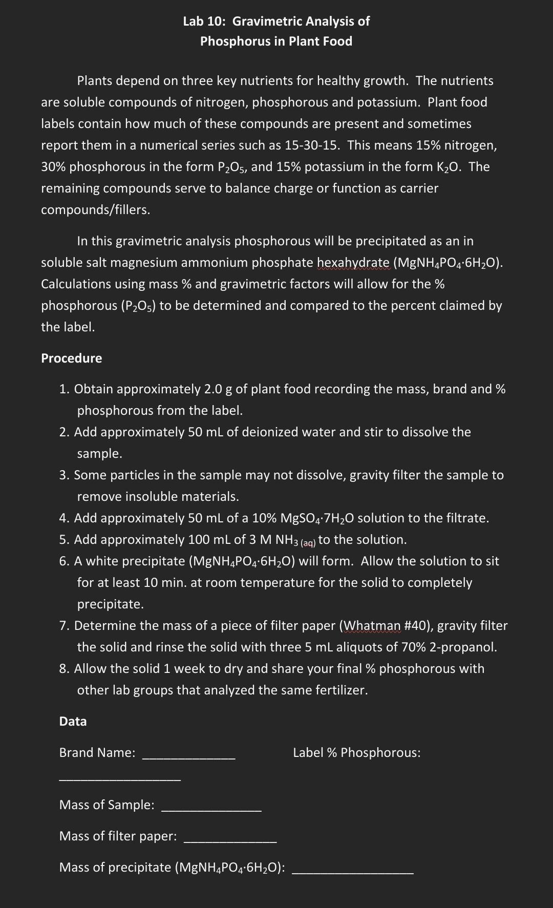 Solved Lab 10 Gravimetric Analysis of Phosphorus in Plant