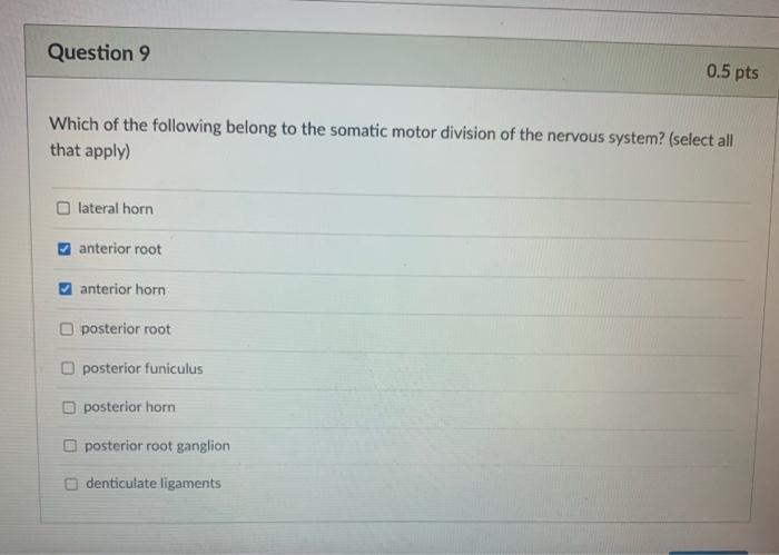 Question 9 0.5 pts Which of the following belong to the somatic motor division of the nervous system? (select all that apply)