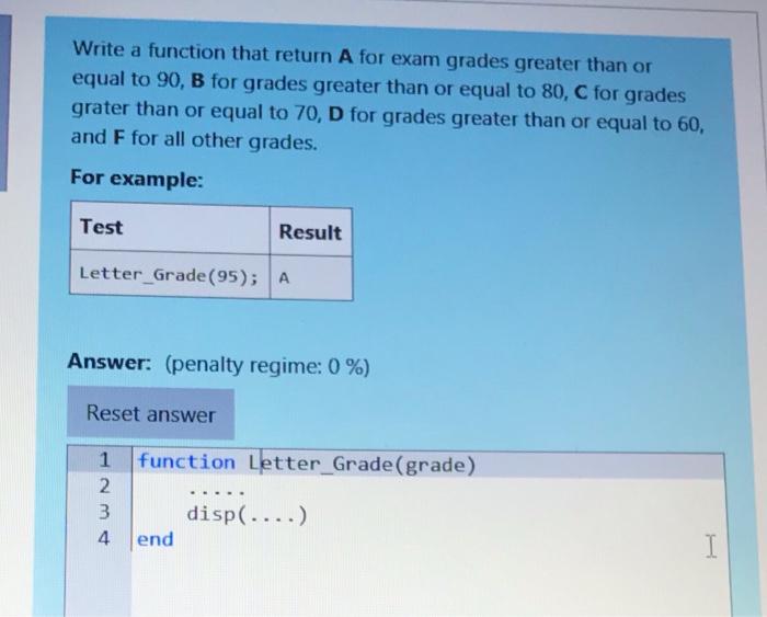 Solved Write a function that return A for exam grades | Chegg.com