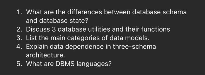 Solved 1. What are the differences between database schema | Chegg.com