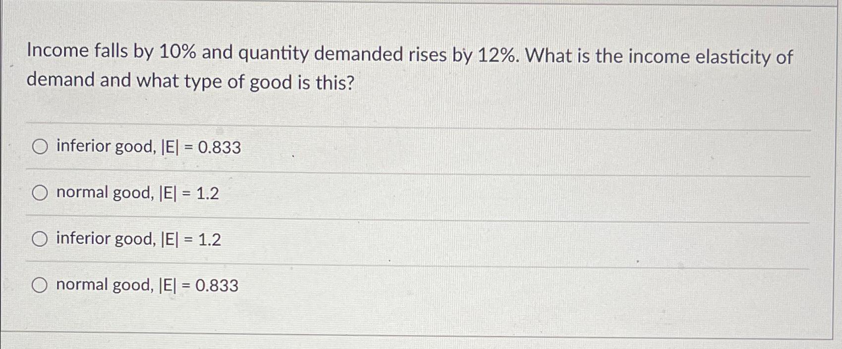 Solved Income falls by 10% ﻿and quantity demanded rises by | Chegg.com