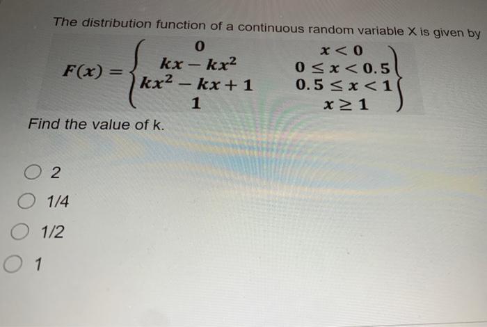 Solved The distribution function of a continuous random | Chegg.com