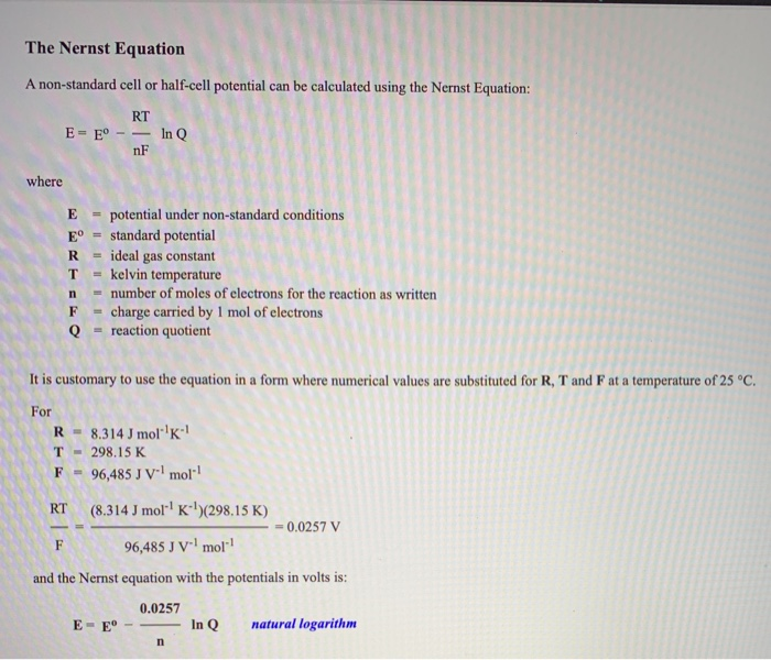 Solved The Nernst Equation A Non Standard Cell Or Half Ce Chegg Com