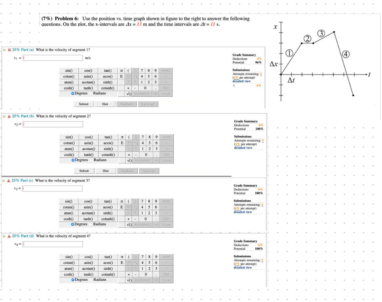 Solved (7%) ﻿Problem 13: Use the position vs, ﻿time graph | Chegg.com