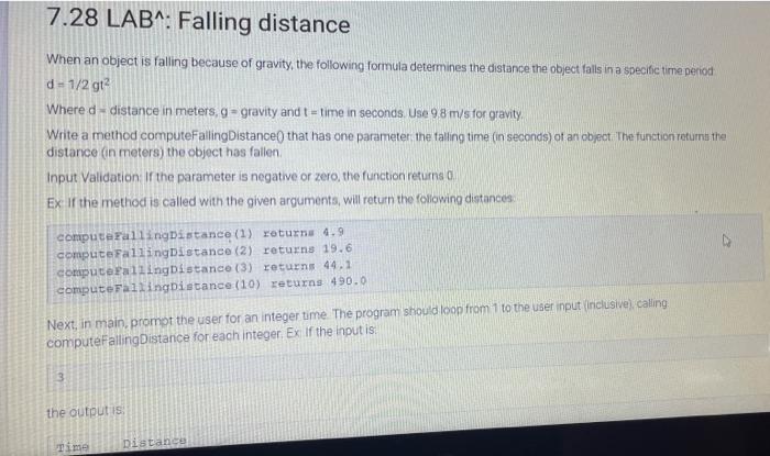Solved 7.28 LAB^: Falling distance When an object is falling | Chegg.com