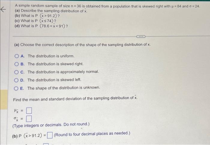 Solved A simple random sample of size n=36 is obtained from | Chegg.com