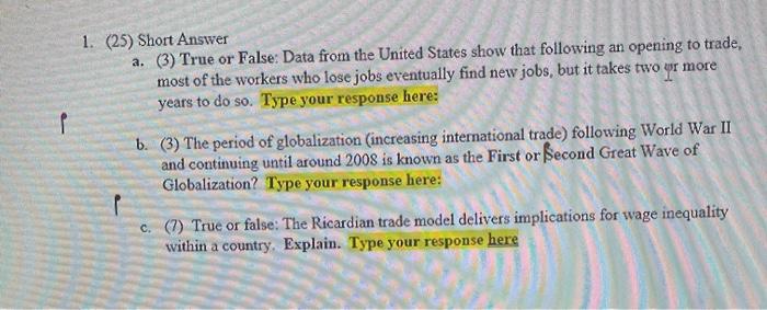 1 25 Short Answer A 3 True Or False Data From Chegg Com