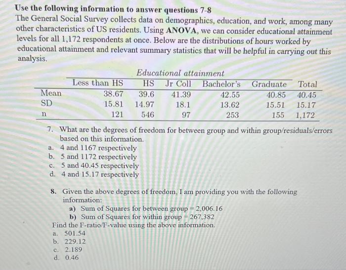 Solved Use The Following Information To Answer Questions 7-8 | Chegg.com