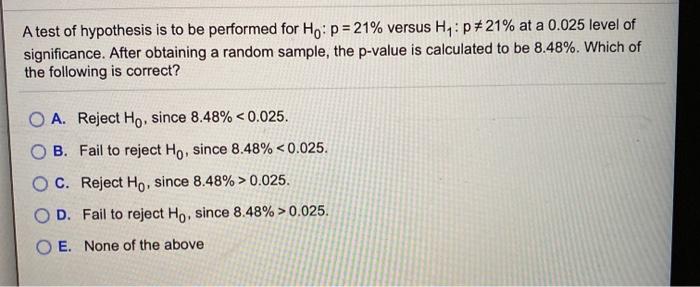 Solved A test of hypothesis is to be performed for Ho: p = | Chegg.com