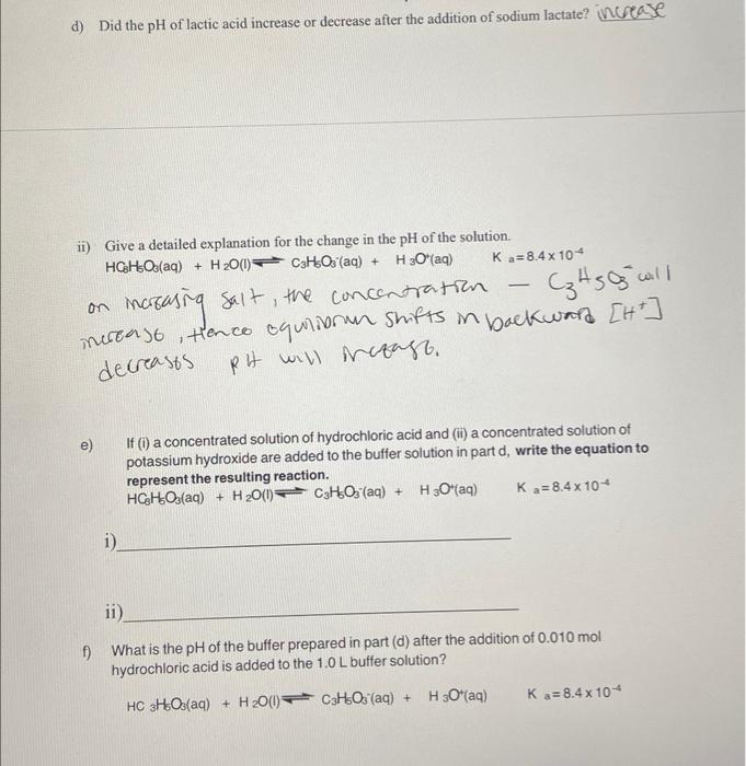 Solved d) Did the pH of lactic acid increase or decrease | Chegg.com