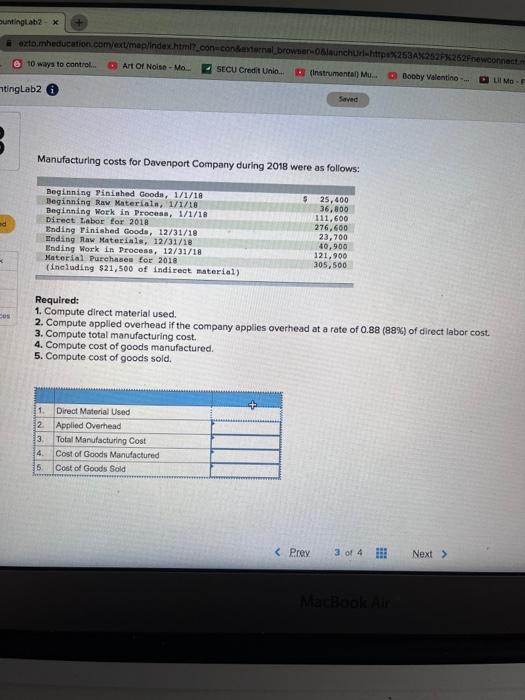 Solved Manufacturing Costs For Davenport Compeny During 2018 Chegg