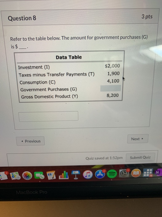 Solved Question 8 3 pts Refer to the table below. The amount | Chegg.com