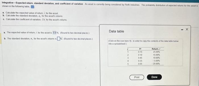 Solved Integrative Expected Return Standard Deviation And 3250