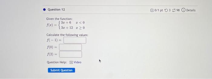 Solved Question 12 B0/1 pt 9398 Details Given the function: | Chegg.com