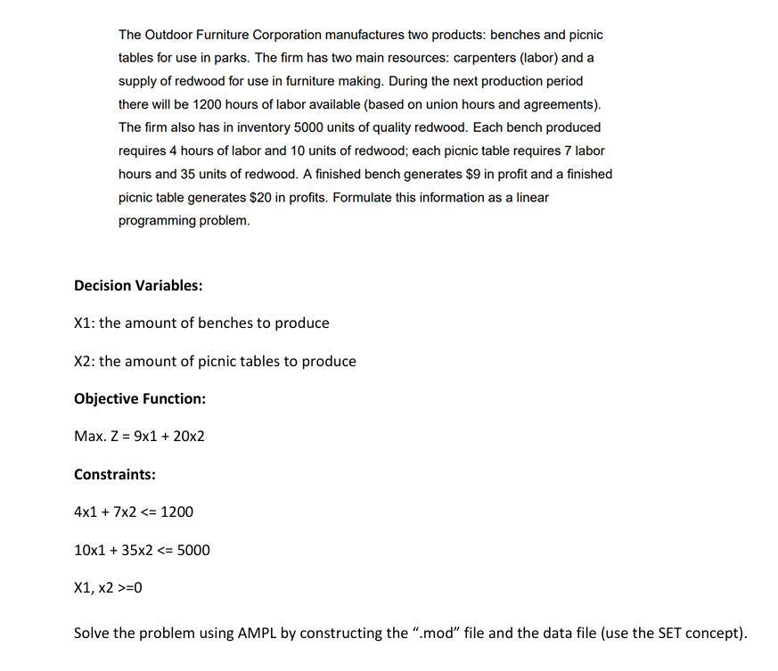 Solved The Outdoor Furniture Corporation manufactures two