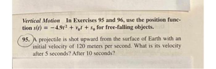 Solved Vertical Motion In Exercises 95 and 96, use the | Chegg.com