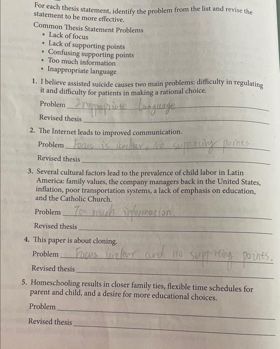 Solved For each thesis statement, identify the problem from | Chegg.com