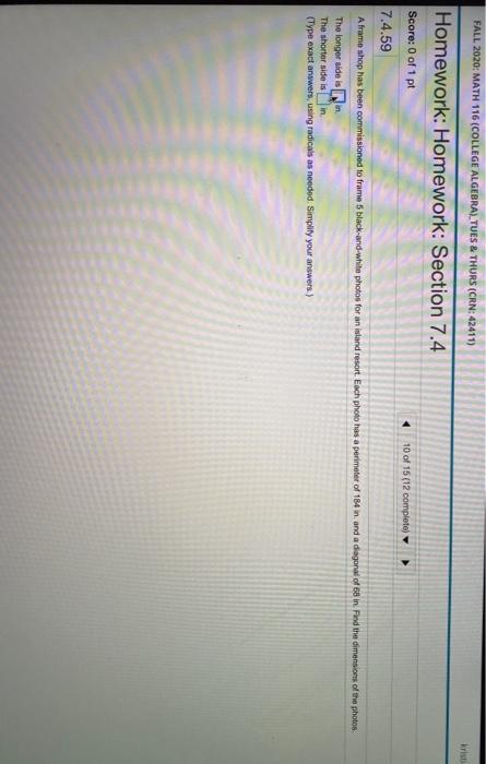 Solved Fall 2020 Math 116 College Algebra Tues Thurs Chegg