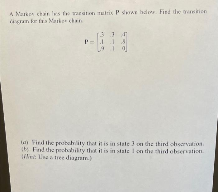 Solved A Markov chain has the transition matrix P shown | Chegg.com