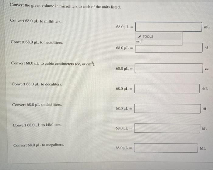 Solved Convert The Given Volume In Microliters To Cach Of Chegg Com