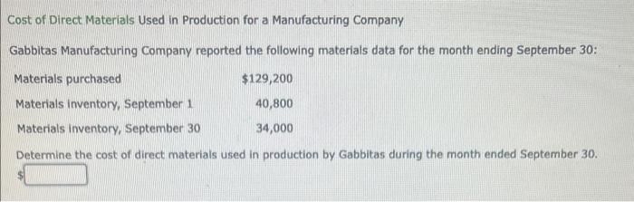 Solved Cost of Direct Materials Used in Production for a | Chegg.com