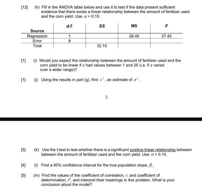 Solved [12] (h) Fill in the ANOVA table below and use it to | Chegg.com