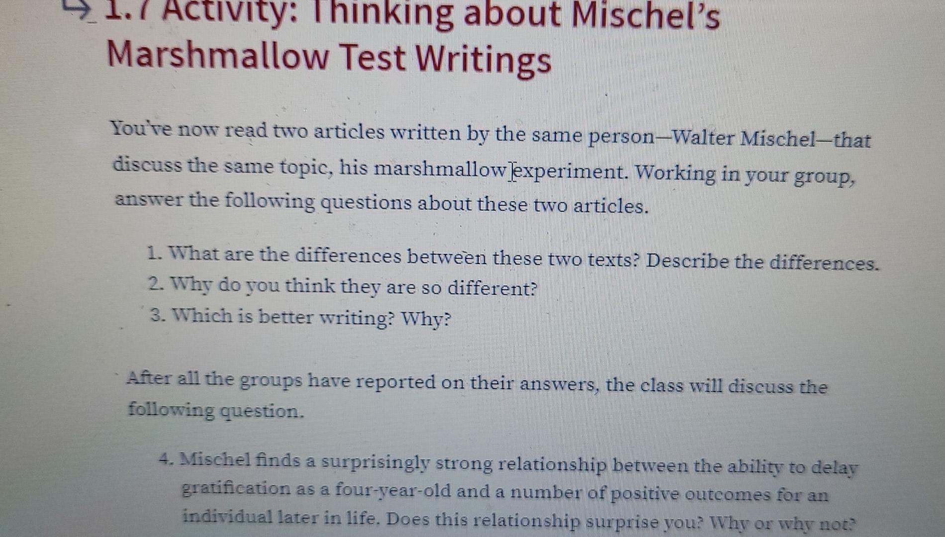 Solved 个 7 Activity Thinking about Mischel's Marshmallow