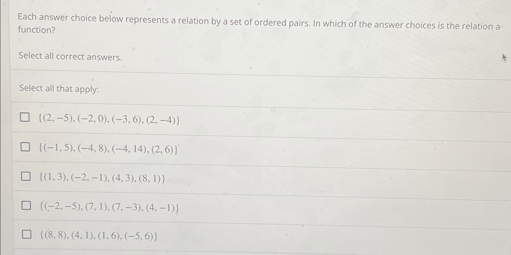 Solved Each Answer Choice Below Represents A Relation By A | Chegg.com