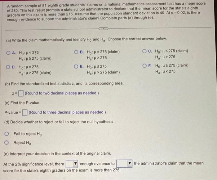 Solved A random sample of 81 eighth grade students' scores | Chegg.com