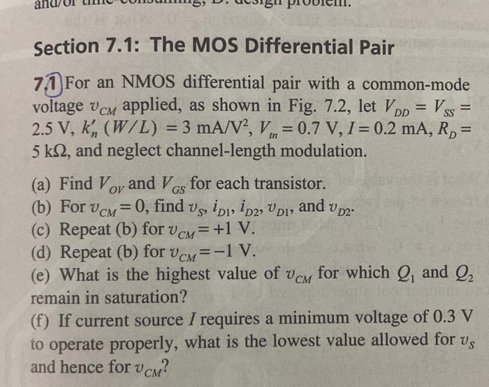 Solved Section 7.1: The MOS Differential Pair 7. For For an | Chegg.com