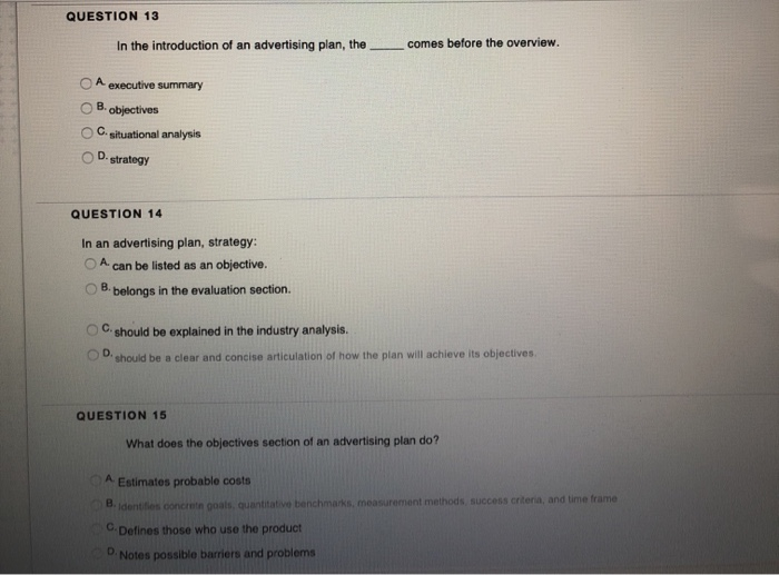 Solved QUESTION 13 In The Introduction Of An Advertising | Chegg.com