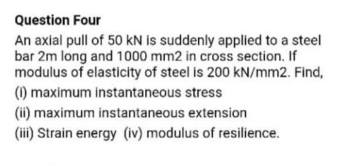 Solved Question Four An axial pull of 50 kN is suddenly | Chegg.com