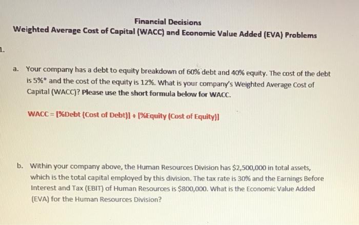 Solved Financial Decisions Weighted Average Cost of Capital | Chegg.com