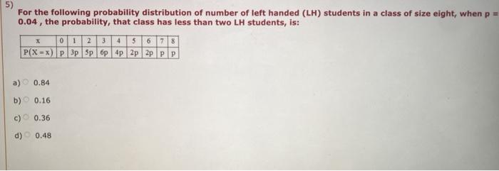 Solved 5) For the following probability distribution of | Chegg.com
