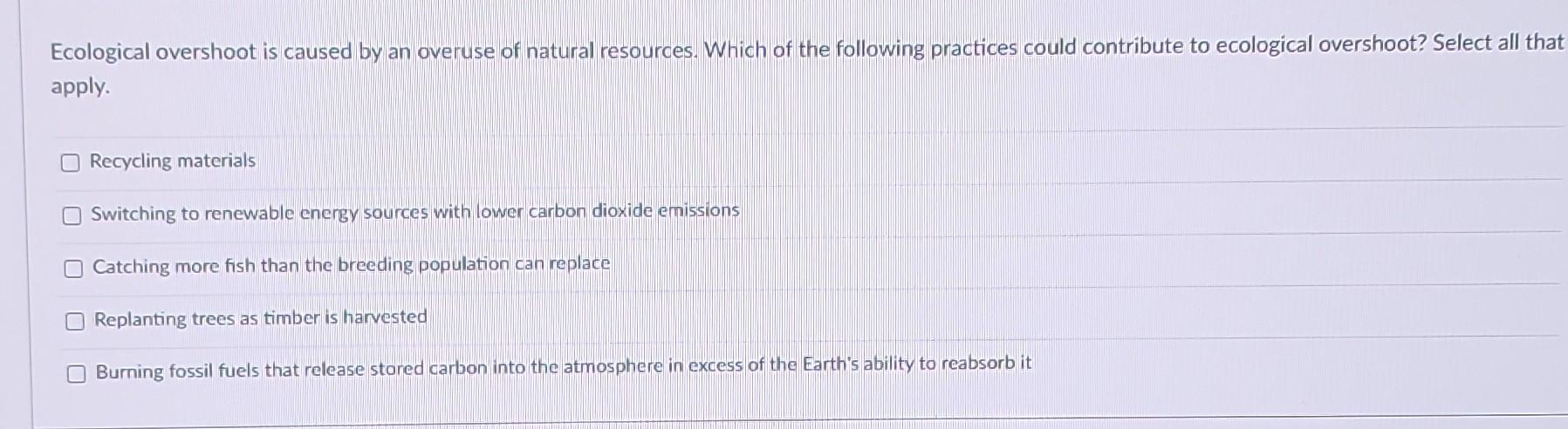 Solved Ecological overshoot is caused by an overuse of | Chegg.com