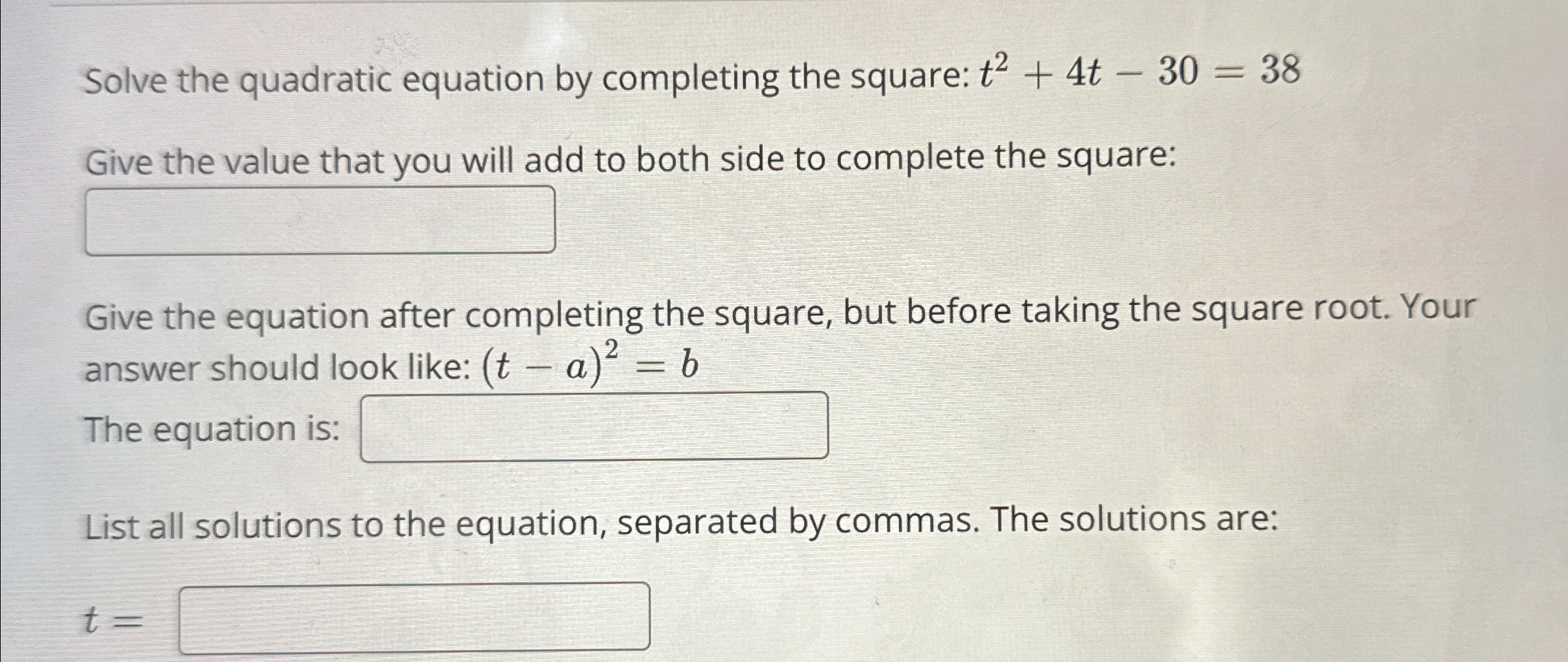 Solved Solve the quadratic equation by completing the | Chegg.com