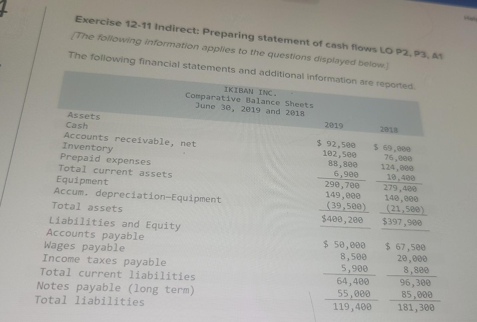 Solved Exercise 12 11 Indirect Preparing Statement Of Cash 4795