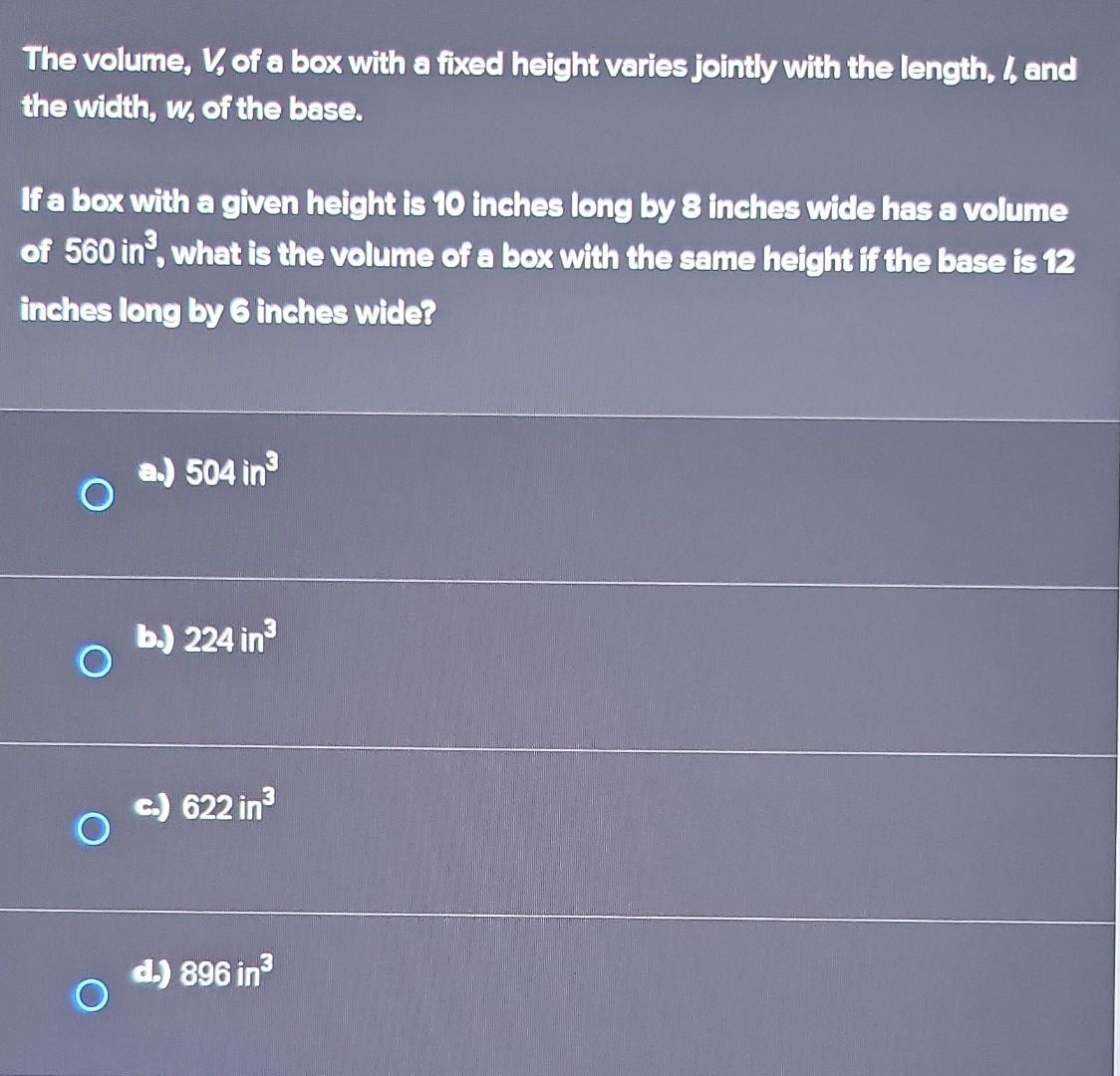 Solved The volume, V, of a box with a fixed haight varies | Chegg.com