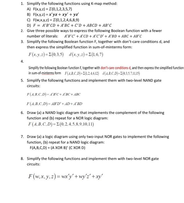 1. Simplify The Following Functions Using K-map | Chegg.com