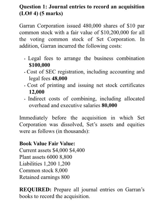 Solved Question 1: Journal entries to record an acquisition 