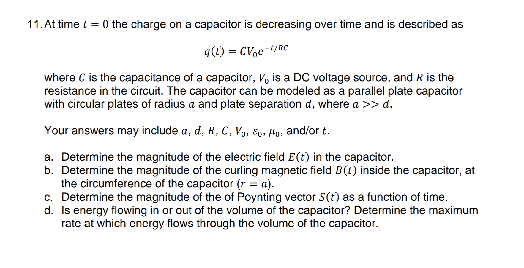 Solved At time t=0 ﻿the charge on a capacitor is decreasing | Chegg.com