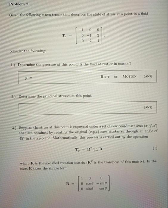 Solved Problem 2. Given the following stress tensor that | Chegg.com