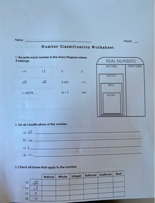 Number Classification Worksheet Real Numbers